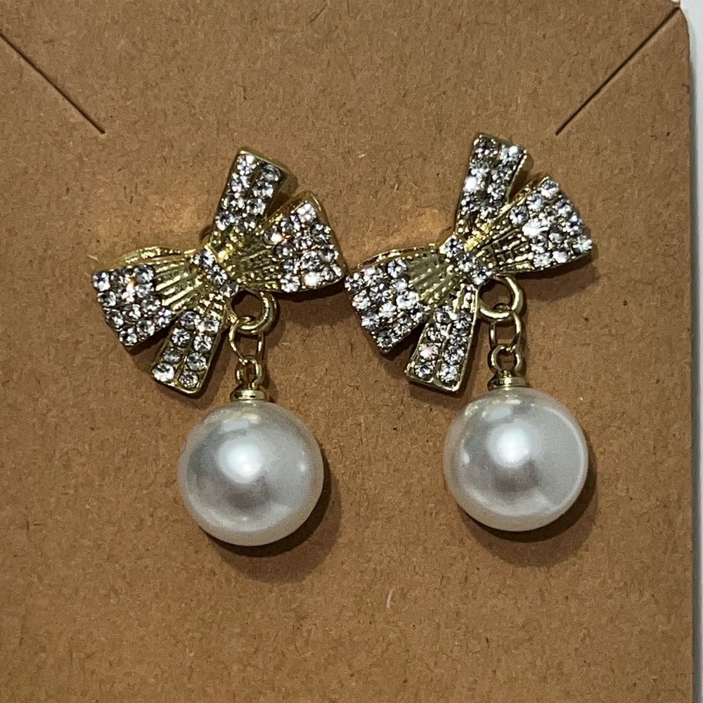 Gold Tone‎ Bow Pearl Drop Earrings Women Fashion Jewelry - Picture 5 of 6